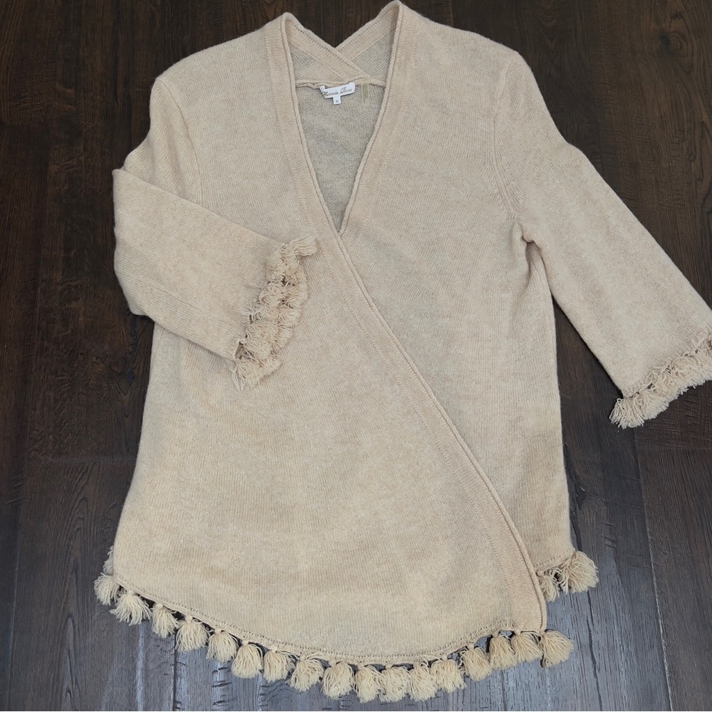 RARE Minnie Rose 100% Cashmere Tan Ecru Cream Cardigan Wrap Medium Like New